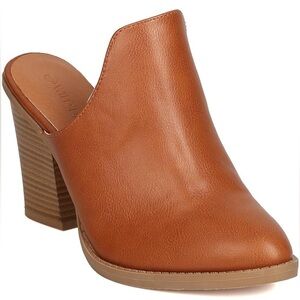 Wild Diva Leatherette Pointy Toe Chunky Heel Mule, Whiskey
